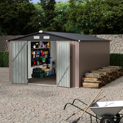 10x14 FT Metal Storage Sheds Outdoor (Brown / 10x14FT)