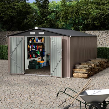 10x14 FT Metal Storage Sheds Outdoor (Brown / 10x14FT)