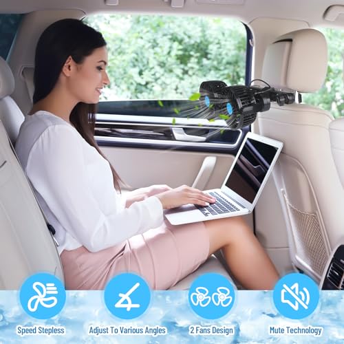 2 Pcs Dual Car Seat Fans for Portable USB Backseat Cooling 12v Headrest 360 Degree Rotatable Fan Powerful Electric Air Circulation for Vehicles SUV