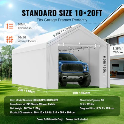 Carport Replacement Canopy Top Cover + Sidewall 10 x 20 ft (White / 10x20ft)