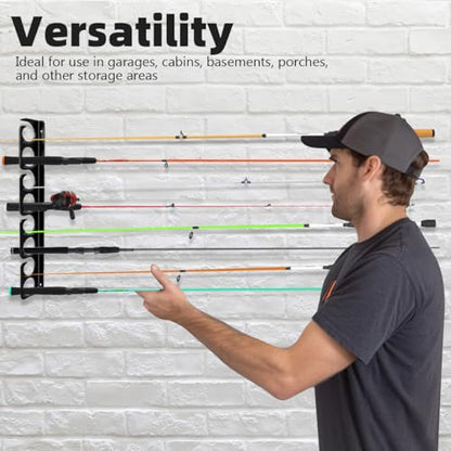 Wall or Ceiling Fishing Rod Storage Rack Vertical Horizontal Holder with 16 Capacity Fishing Rods Reels Mounted Roof Carrier Hooks Hanger for Garage Cabin and Basement Gear Accessories (Store 16 Rods)