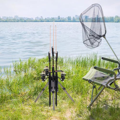Fishing Rod Carrier Surf Fishing Holder Foldable Pole Holder Stand 3 Rod Portable Vertical Beach Pole Storage Freestanding Rack for Fisherman Garage Home Outdoor (Black / 15.35")