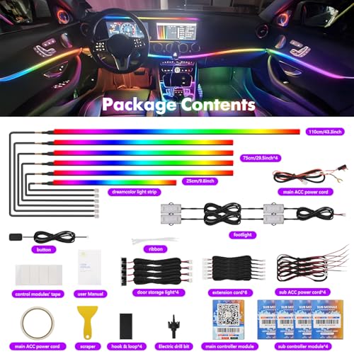 Dreamcolor Acrylic Car Ambient Lighting Kit 14 in 1 LED Interior Car Strip Lights APP Control Zoned Control System 252 Color Modes DIY Neon Wireless Sound Activated RGB Neon Light Kits New Version (dreamcolor 14 lights(new))