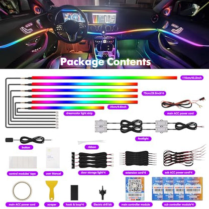 Dreamcolor Acrylic Car Ambient Lighting Kit 14 in 1 LED Interior Car Strip Lights APP Control Zoned Control System 252 Color Modes DIY Neon Wireless Sound Activated RGB Neon Light Kits New Version (dreamcolor 14 lights(new))