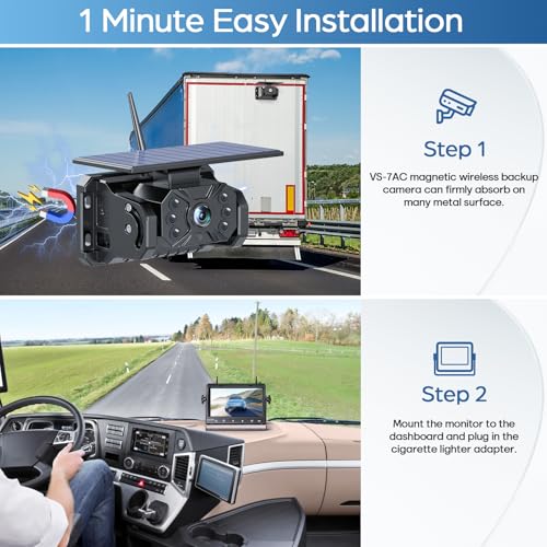 Magnetic Solar Wireless Backup Camera No Installation VASTEND 1080P 7'' RV Backup Camera with 10000mAh Rechargeable Battery for Box Truck Trailer Camper Car Caravan Rearview Reversing Camera (Camera Set / Black)