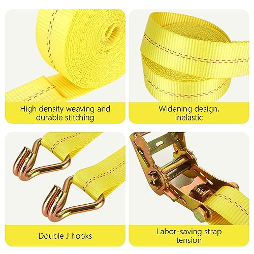 4 Pack 2 Inch Ratchet Straps Heavy Duty 16ft Tie Down Straps Ratchet with Double J Hook (15ft)
