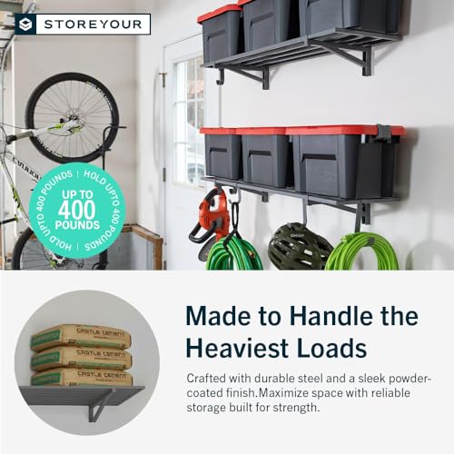 Garage Wall Shelf (Hammered Gray / 1x4ft 2-Pack Shelf | 200lb Each | 6 Hooks)