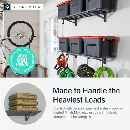 Garage Wall Shelf (Hammered Gray / 1x4ft 2-Pack Shelf | 200lb Each | 6 Hooks)