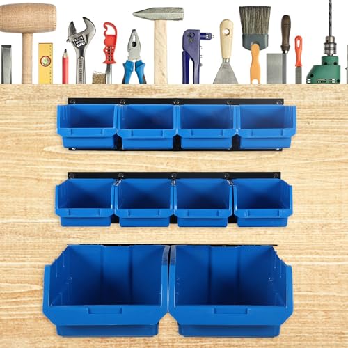10 Bin Wall Mounted Plastic Storage Bins Hanging Organizer Bins (Blue / 10Bins+3Rails)