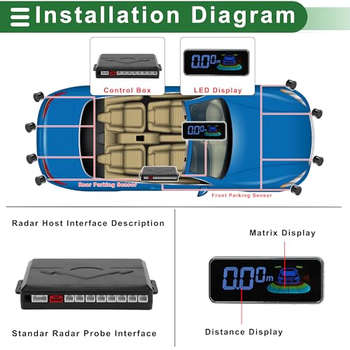 Auto Vehicle Reverse Backup Radar System Reverse Parking Sensors Sound Warning Alarm Buzzer Reminder Distance Detection Black 8 Parking Sensors (Black)