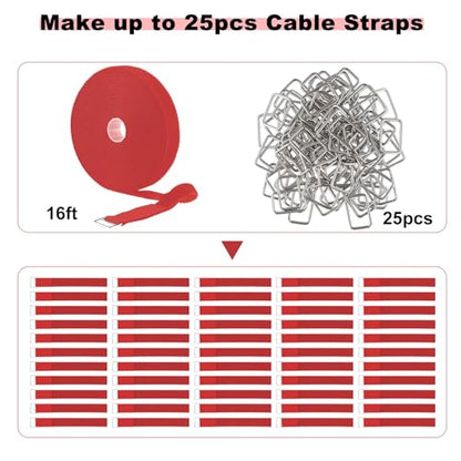 1"x16ft Hook and Loop Straps with 25 Metal Buckles (1in x 16ft Red)