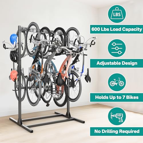 Freestanding Bike Stand Rack with Adjustable Hooks (7 Bike & 7 Helmet Hooks)
