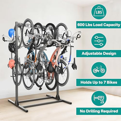 Freestanding Bike Stand Rack with Adjustable Hooks (7 Bike & 7 Helmet Hooks)