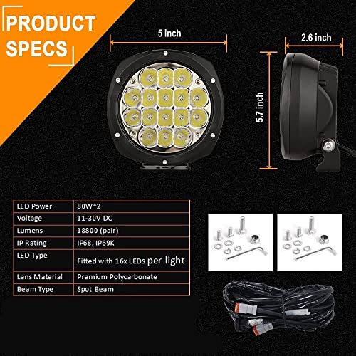5Inch 160W Round Led Driving Lights Off Road Spot Lights Offroad (White 6000K / 5Inch)