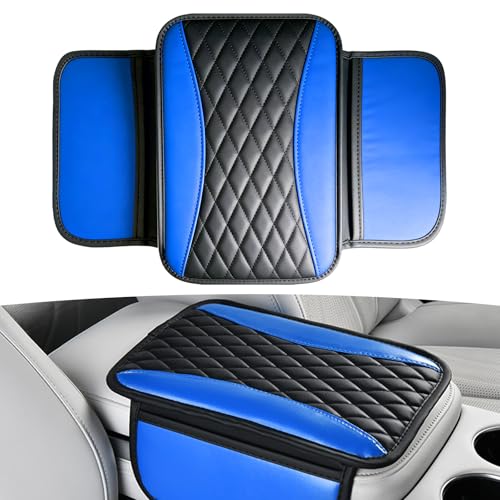 Leather Car Center Console Cover with Side Storage Pockets (Blue)