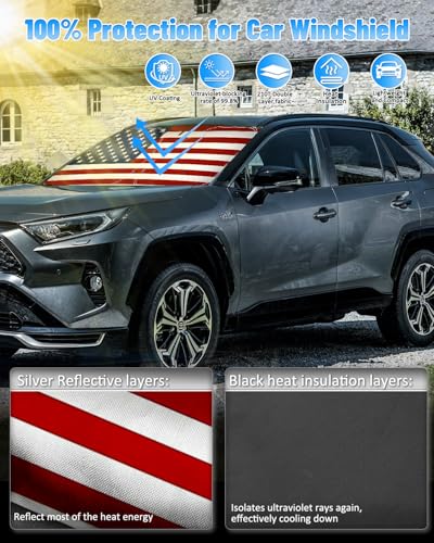 American Flag Car Windshield Sun Shade Compatible with Toyota RAV4 2019 (for Toyota RAV4 2019-2024 - USA Flag)