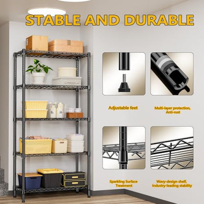 1250 lbs 5 Tier Shelf Metal Storage Shelves Shelving Wire Rack Heavy Duty Closet Organizers for Garage Kitchen Bathroom Laundry Black 15.7" D x 33.5" W x 68.5" H (5 tier, 15.7" D x 33.5" W x 68.5" H / Black)