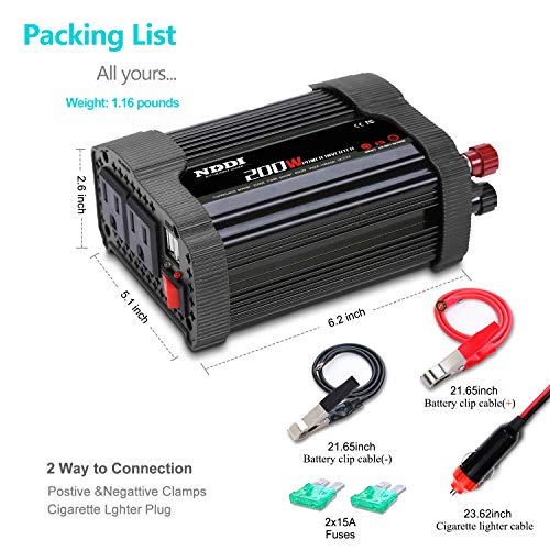 NDDI 200W Car Power Inverter 12V DC to 110V AC Converter (200W Black)