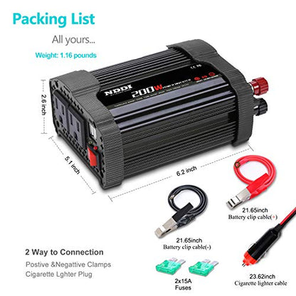 NDDI 200W Car Power Inverter 12V DC to 110V AC Converter (200W Black)