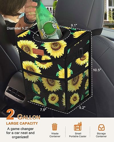 Car Trash Can with Lid Leakproof Car Garbage Bag Vehicle Trash Bin (2 Gallons / Sunflower)