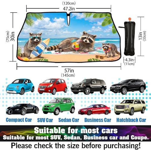 Funny Raccoon Car Windshield Sun Shade Umbrella Hawaiian Raccoon Car Sun Shade Umbrella Block UV Rays Heat Foldable Windshield Umbrella Sun Visor Protector (Racc-3)