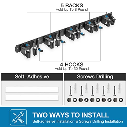 Broom Holder Wall Mount (5 Racks with 4 Hooks / 1 Pack)