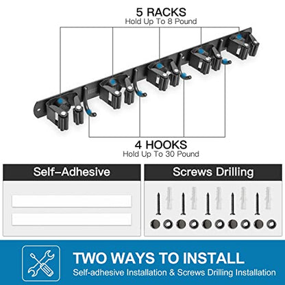 Broom Holder Wall Mount (5 Racks with 4 Hooks / 1 Pack)