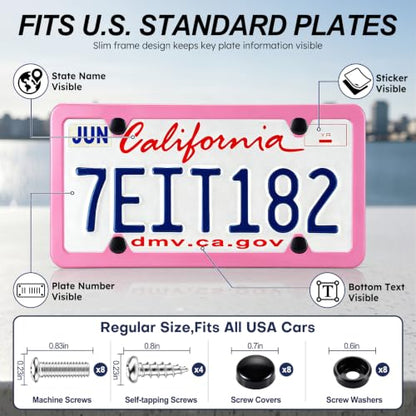 4 Holes Stainless Steel License Plate Frames (Pink)