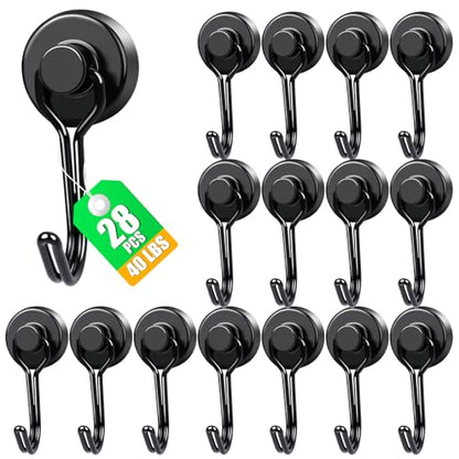 Magnetic Hooks 28 Pack 40Lbs Heavy Duty Neodymium Magnet Hook (Black / 0.78×1.89 in)
