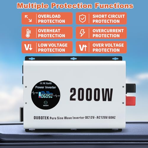 2000W Pure Sine Wave Power Inverter DC 12V to AC 120V (2000W-Wireless / 12V)