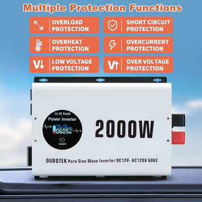 2000W Pure Sine Wave Power Inverter DC 12V to AC 120V (2000W-Wireless / 12V)