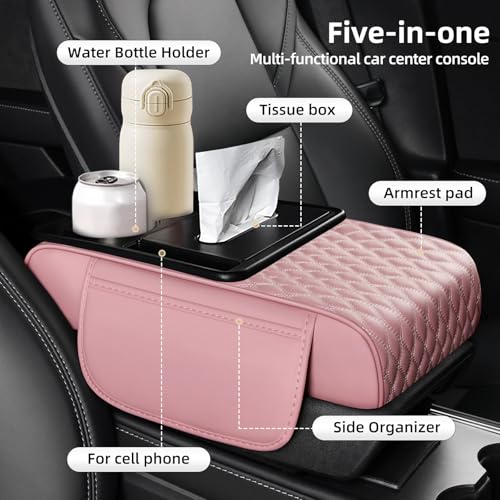 5-in-1 Car Center Console Armrest Cover Pad, Multifunctional Car Arm Rest Organizer with Cup Holder, Tissue Slot & Side Storage Pockets, Soft Leather Auto Armrest Cushion, Pink (Pink)
