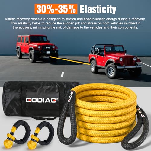 1" x20ft Kinetic Recovery Rope 33K lbs with 2 Soft Shackles Yellow (Yellow / 1"×20ft + 2 Soft Shackles)