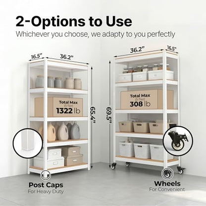 House White 36.2" W 5 Tier Rolling Storage Shelves Metal Cart (White / (Wheels) 36.2"W x 16.5"D)
