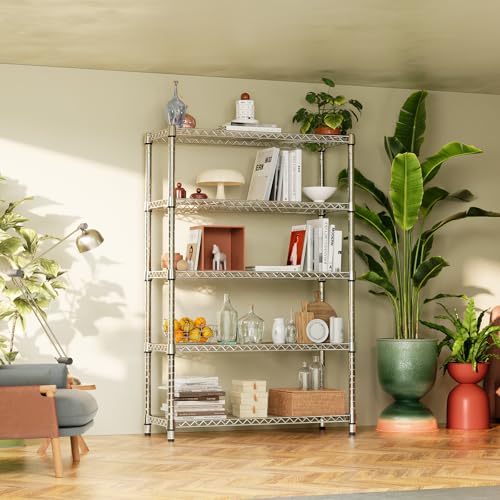1750LBS Garage Shelving Wide Storage Shelves 5 Tier Metal Shelves Heavy Duty Adjustable Utility Shelf Rack (5 Tier, 15.7" D x 45.3" W x 70.9" H / Chrome)
