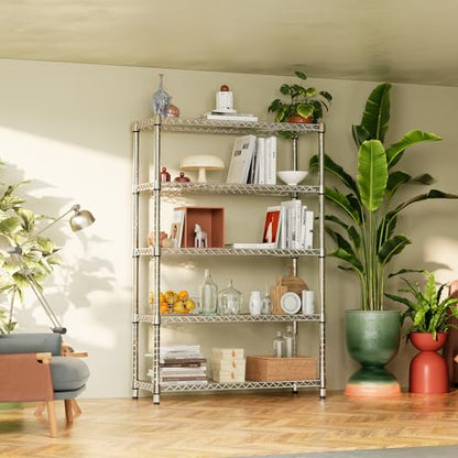 1750LBS Garage Shelving Wide Storage Shelves 5 Tier Metal Shelves Heavy Duty Adjustable Utility Shelf Rack (5 Tier, 15.7" D x 45.3" W x 70.9" H / Chrome)
