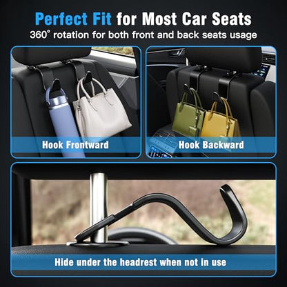 4 Pack Car Headrest Hooks Holds 55lbs Seat Storage Organizer for Bags (Black)