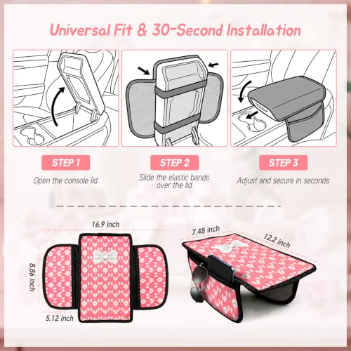 Pink Bow Car Center Console Armrest Cover with 2 Side Pockets (Bows-Whitek&Pink)