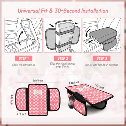 Pink Bow Car Center Console Armrest Cover with 2 Side Pockets (Bows-Whitek&Pink)
