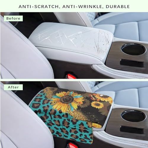 Sunflower Leopard Print Blue Car Center Console Cover Comfortable Armrest Seat Box Pad with Organizer Pockets Anti (Sunflower Leopard Print Blue)