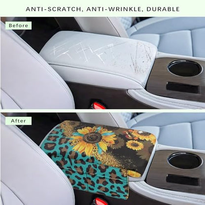 Sunflower Leopard Print Blue Car Center Console Cover Comfortable Armrest Seat Box Pad with Organizer Pockets Anti (Sunflower Leopard Print Blue)