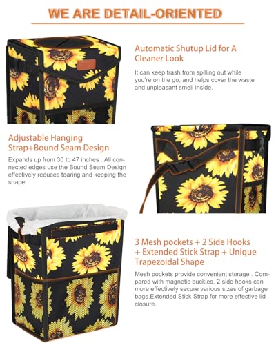 Car Trash Can with Lid Leakproof Car Garbage Bag Vehicle Trash Bin (2 Gallons / Black Sunflower)