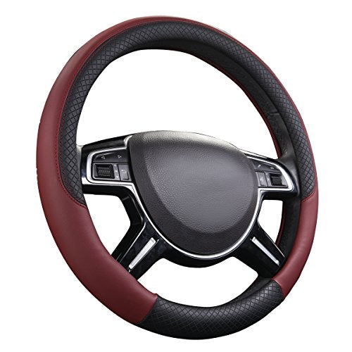 Rhombus Leather Universal Steering Wheel Cover (Black and Burgundy / Standard[14.5"-15"])