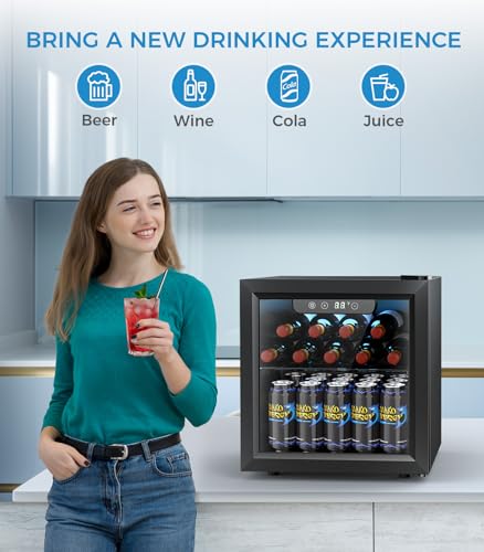 48 Can Beverage Refrigerator Mini Fridge Cooler Glass Door for Beer Soda or Wine (Black)