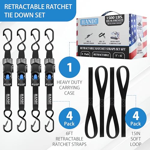 USA Based Retractable Ratchet Straps (1in x 6ft - 4 Pack / Black)
