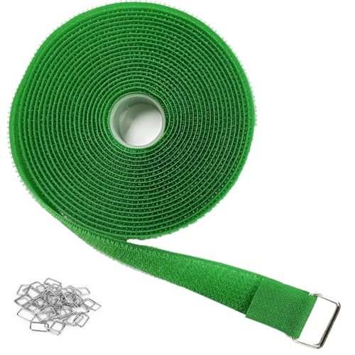 1"x16ft Hook and Loop Straps with 25 Metal Buckles (1in x 16ft Green)