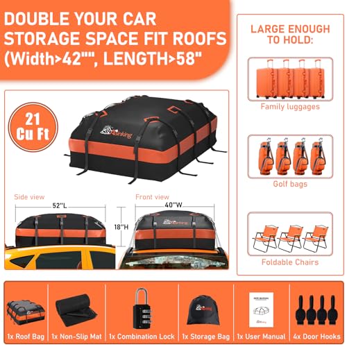 Car Rooftop Cargo Carrier Bag 21 Cubic feet Waterproof Car Roof Top Bag for All Cars with (21 Cubic Feet)