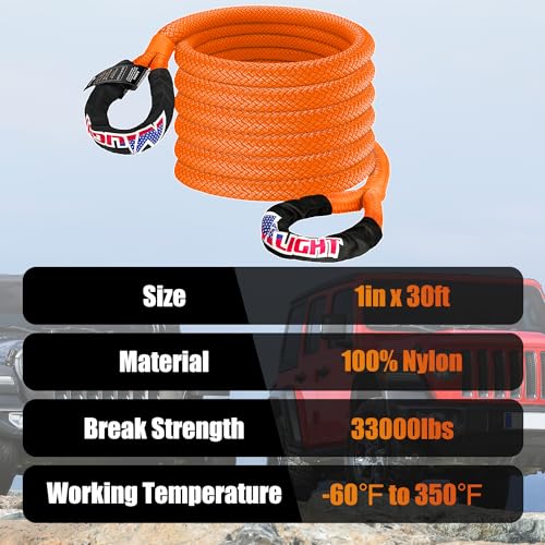 Kinetic Recovery Rope 33000 LBS 1" x 30ft Snatch Strap Heavy Duty Offroad Towing Starp Kit Vehicle Recovery kit for UTV ATV SUV Truck Car Jeep Tractor (1in x 30ft Rope / Straps)