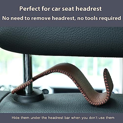 4 Pack Car Headrest Hooks Holds 55lbs Seat Storage Organizer for Bags (Leather Brown)