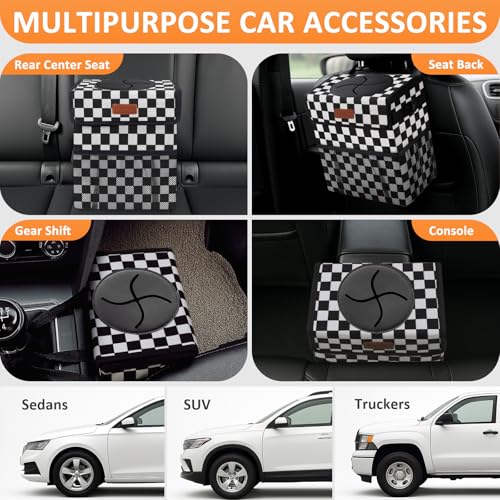 Car Trash Can with Lid Leak Proof Car Accessories for Women (3 Gallons / Black White Checkered)